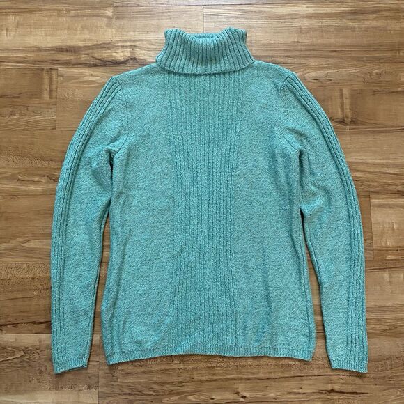 SUNDANCE L Turquoise Toasty Tweed Rib Knit Turtleneck Sweater Soft Cozy Winter - Picture 6 of 16